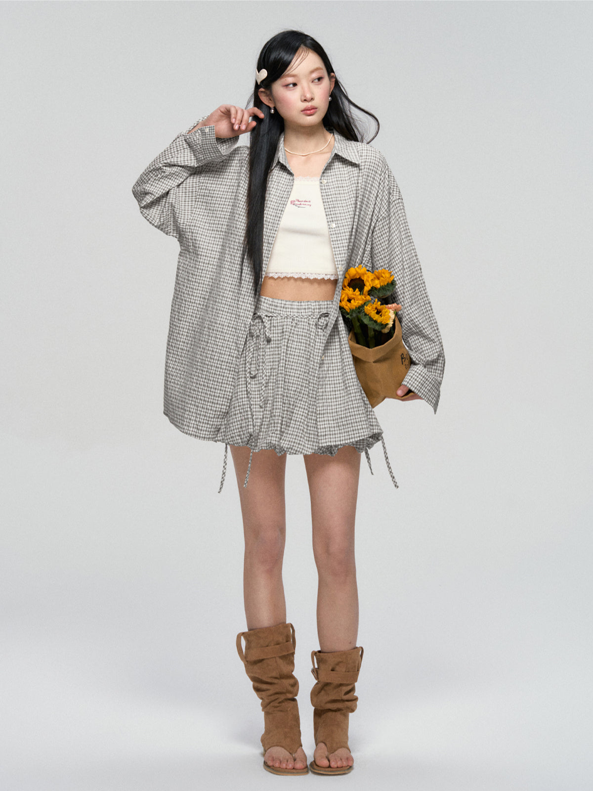 Khaki &amp; Black Retro Check Shirt &amp; Skirt Set