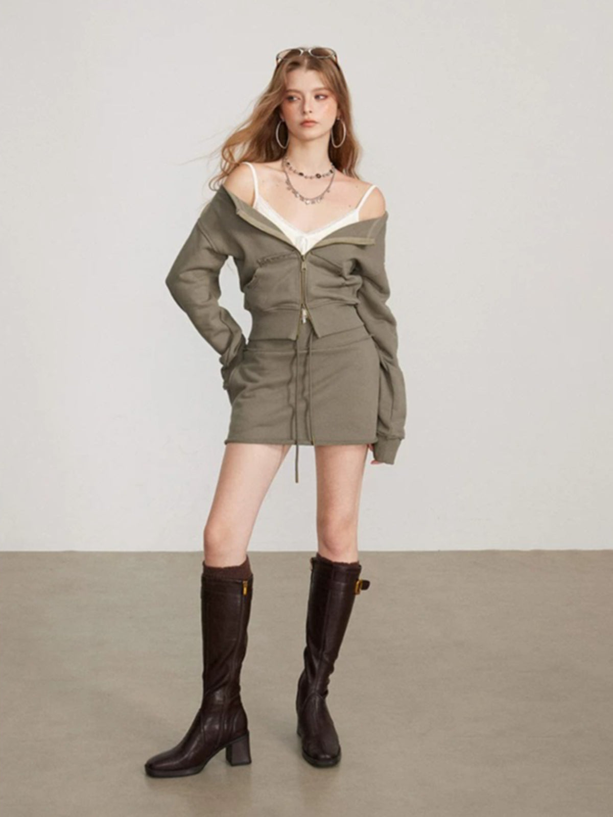 Zip Sweatshirt Skirt Two Piece Set