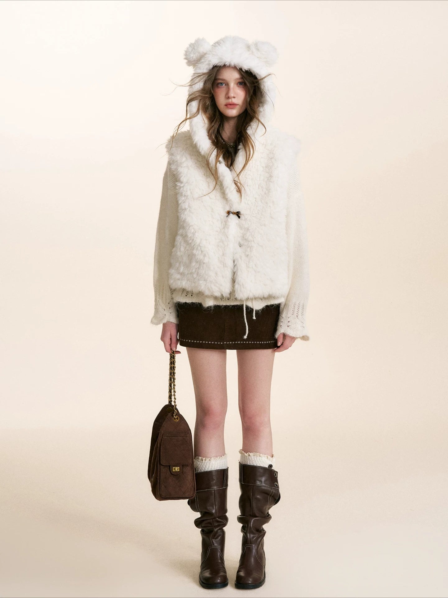 White Hooded Shearling Vest