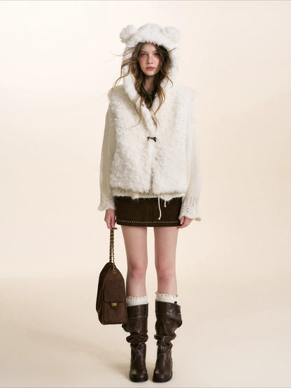 White Hooded Shearling Vest
