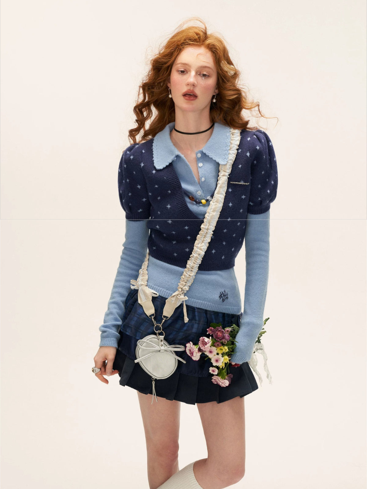 Crochet V-Neck Puff Sleeve Knit