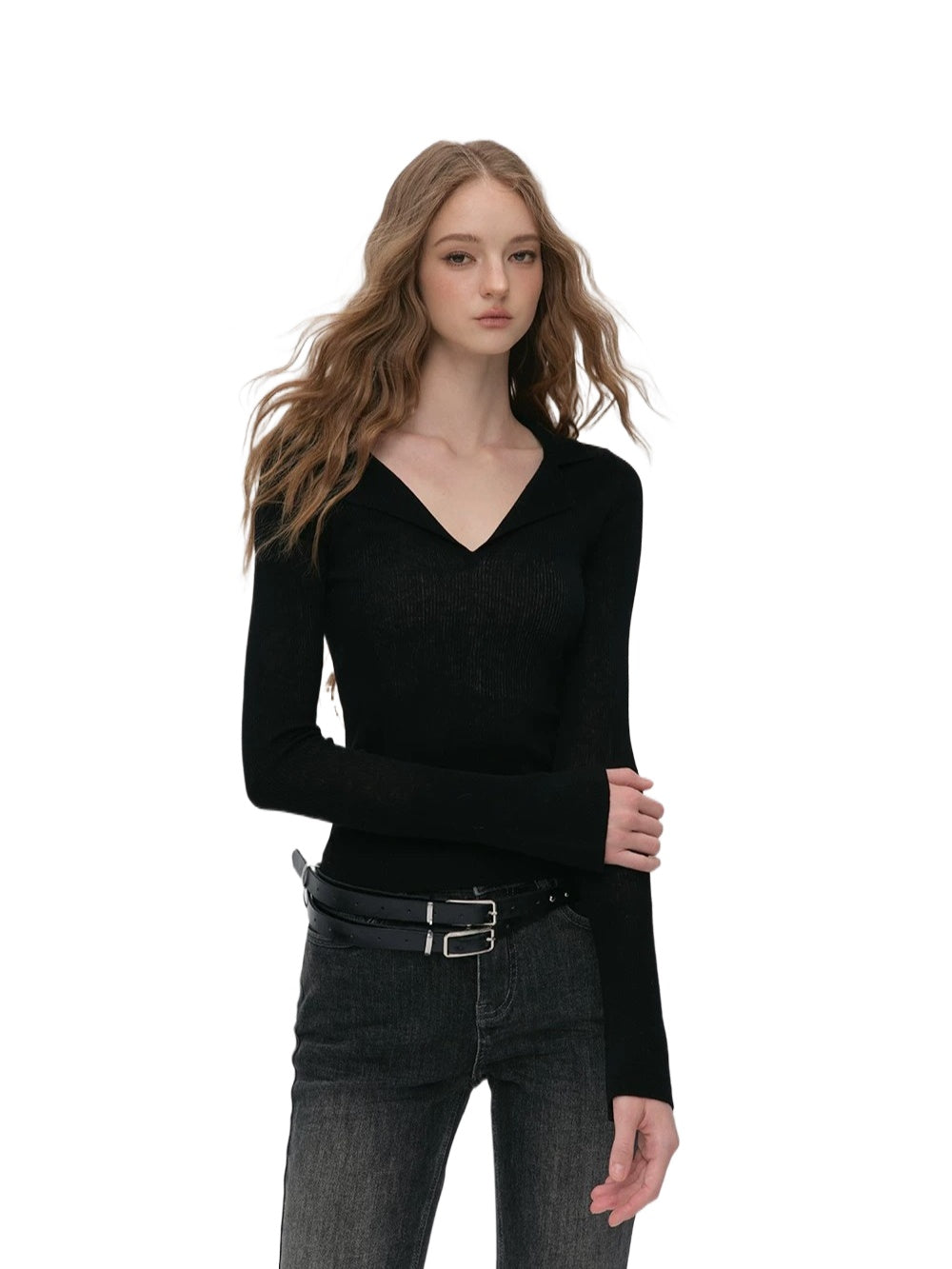 Ribbed Wool Polo Top