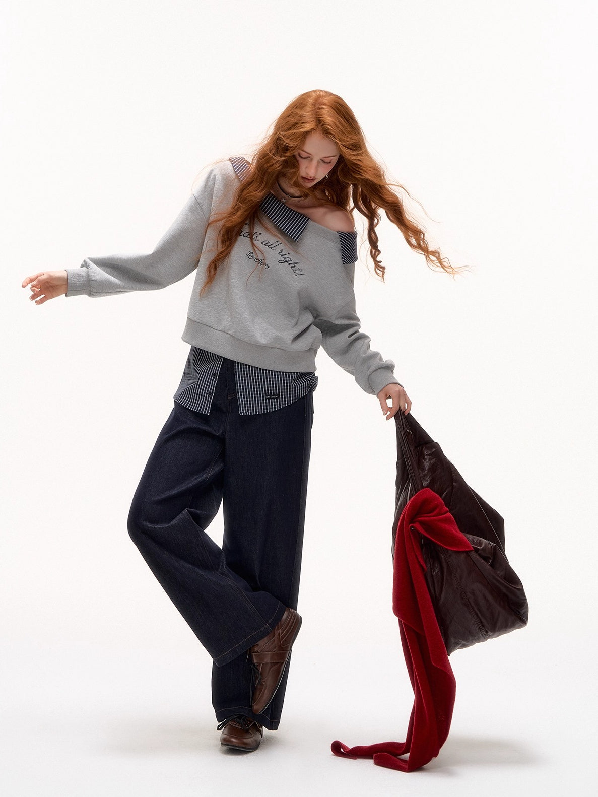 Plaid Embroidery Off-Shoulder Sweatshirt