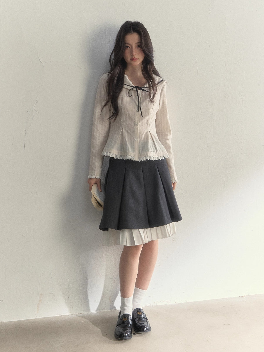 Beige Textured Sailor Collar Shirt &amp; Skirt Set