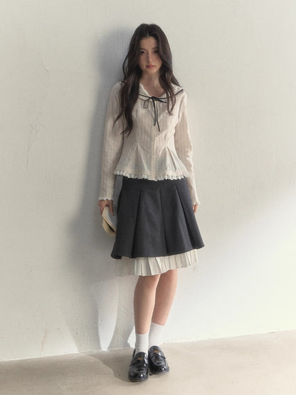 Beige Textured Sailor Collar Shirt &amp; Skirt Set