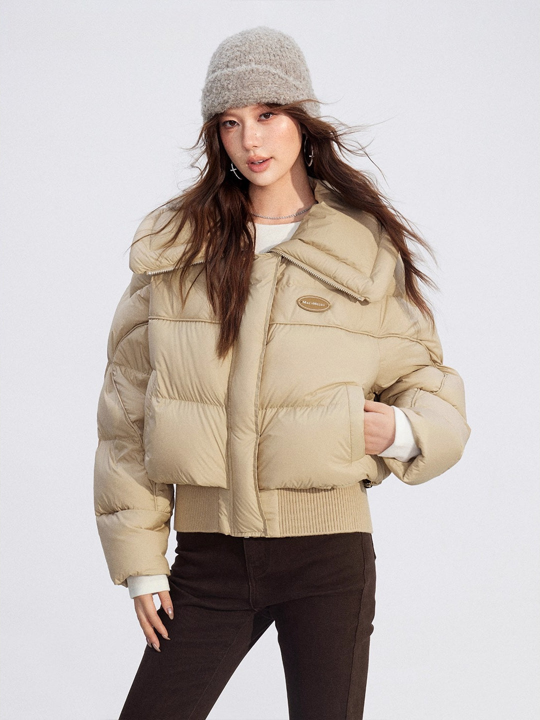 Large Lapel Knit-Panel Down Jacket