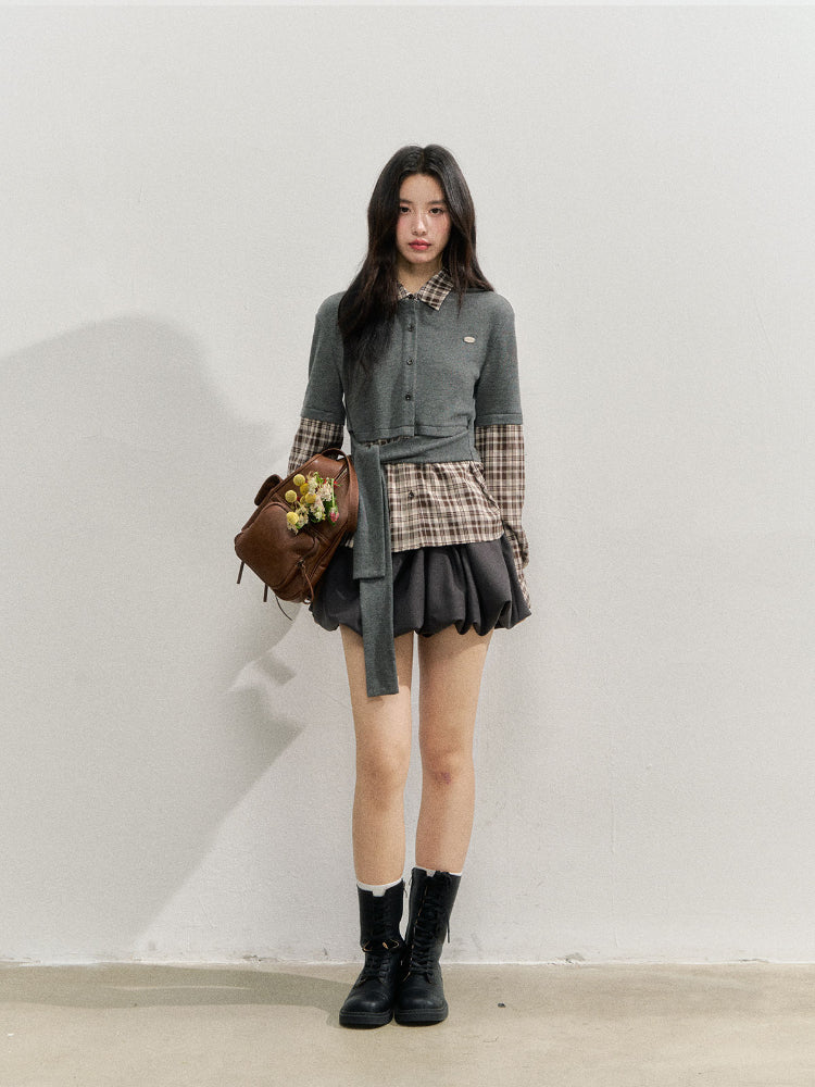 College Plaid Fake Two-piece Shirt