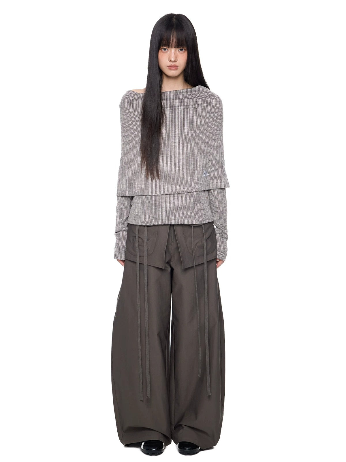 Asymmetric Striped Knit Shoulder Top