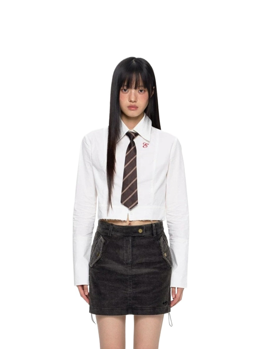 Embroidered Cropped Raw Hem Shirt