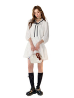 White Bowknot Tied Pleated Shirt Dress