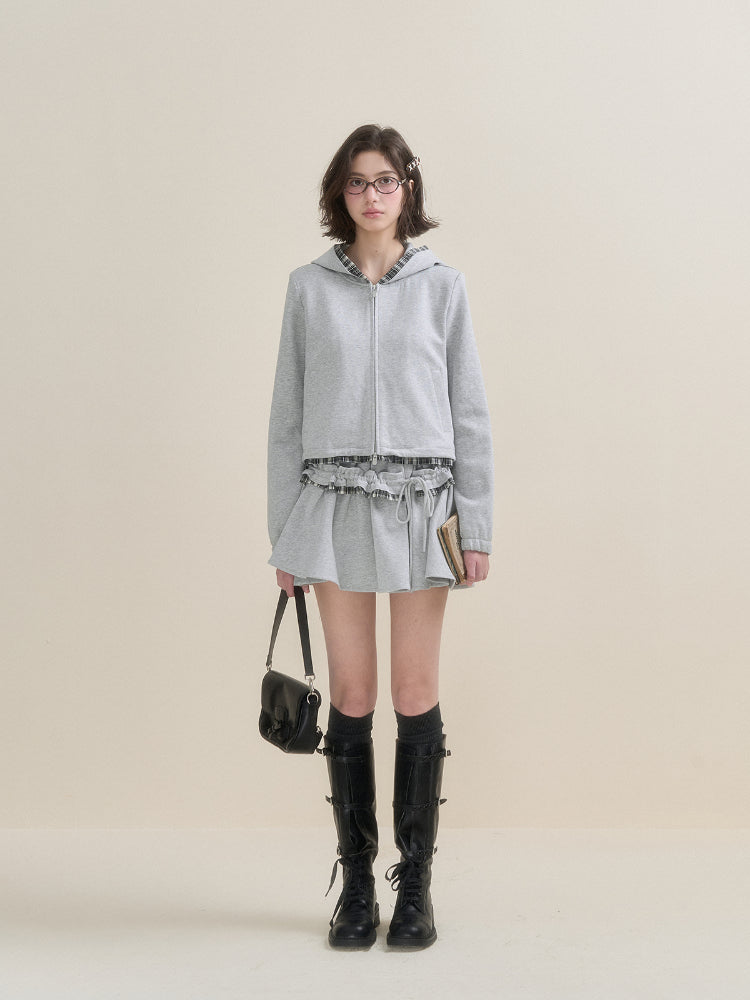 Gray Plaid Spliced Hoodie & Skirt Set