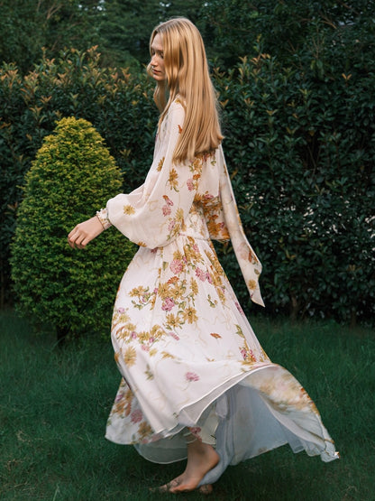 Milena Chiffon Lace Lantern Sleeve V-neck Dress