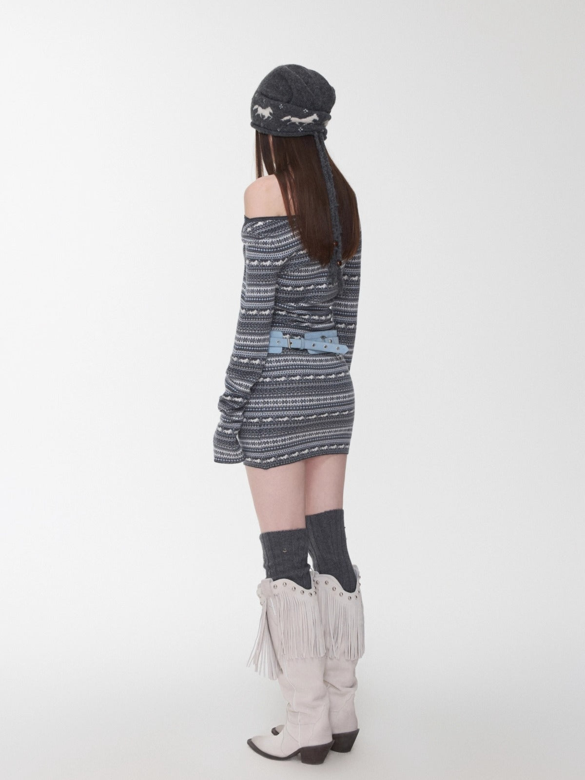 Fair Isle Off-Shoulder Jacquard Knit Dress