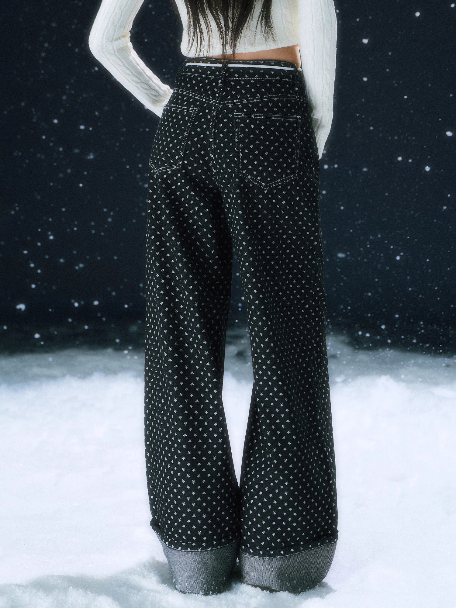 Star Pattern Wide-Leg Denim Pants