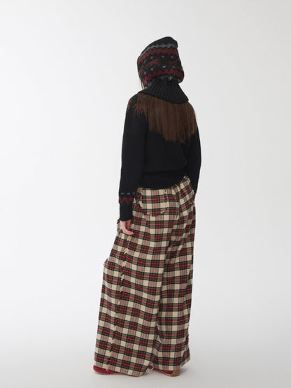 Vintage Red Plaid Brushed Cotton Wide-Leg Pants