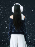 Navy Blue Off-shoulder Diamond-pattern Knit Sweater
