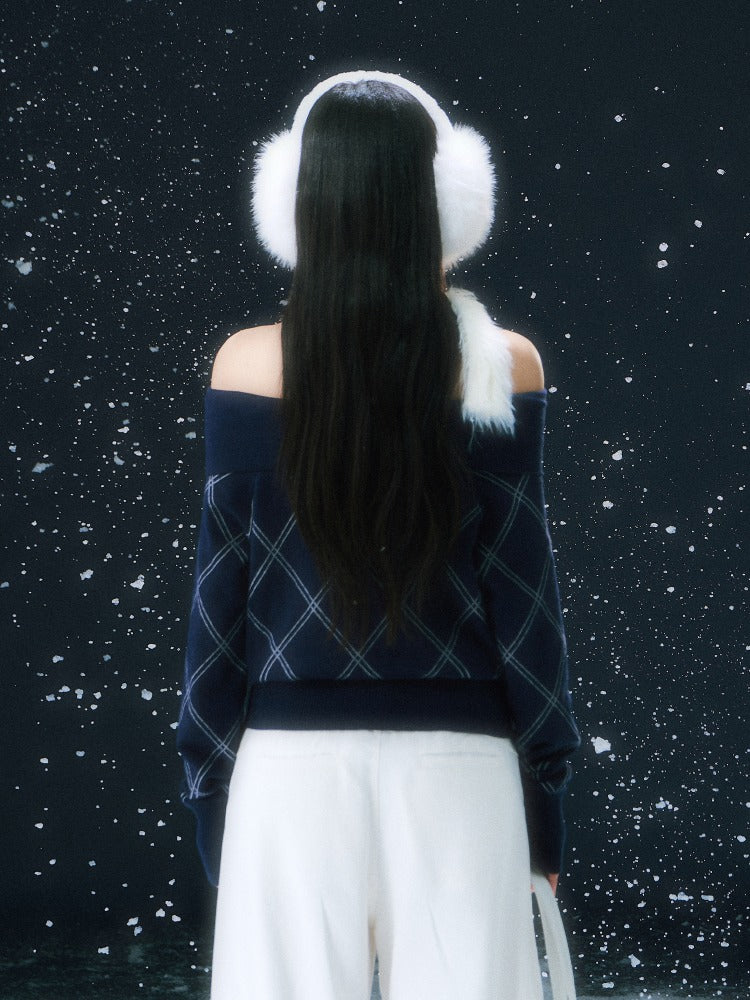 Navy Blue Off-shoulder Diamond-pattern Knit Sweater