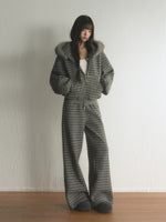 Striped Faux Fur Hooded Zip Cardigan