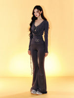 Slim Fit Knit Bell Bottom Pants Knitted Set