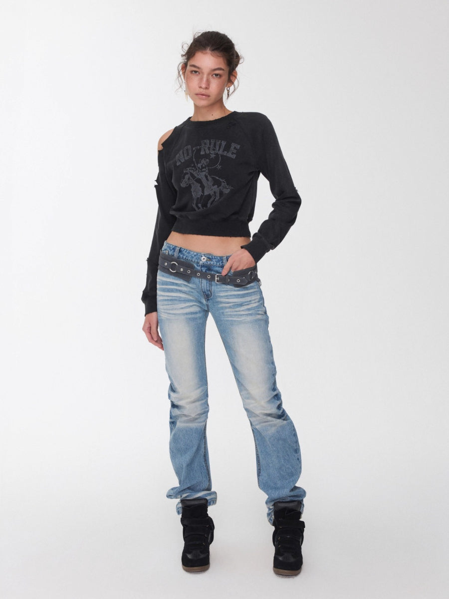 Washed Distressed Knight Cat Graphic Sweatshirt