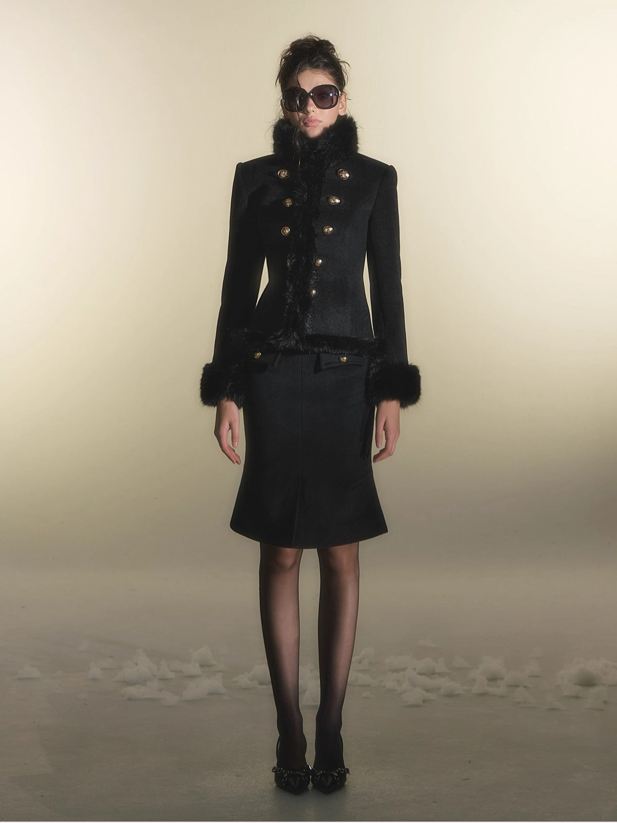 Faux Fur Double-Breasted Waist-Coated Jacket &amp; Skirt Set