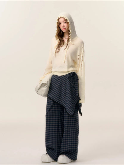 Ruffle‑Trim Hooded Pullover Sweater