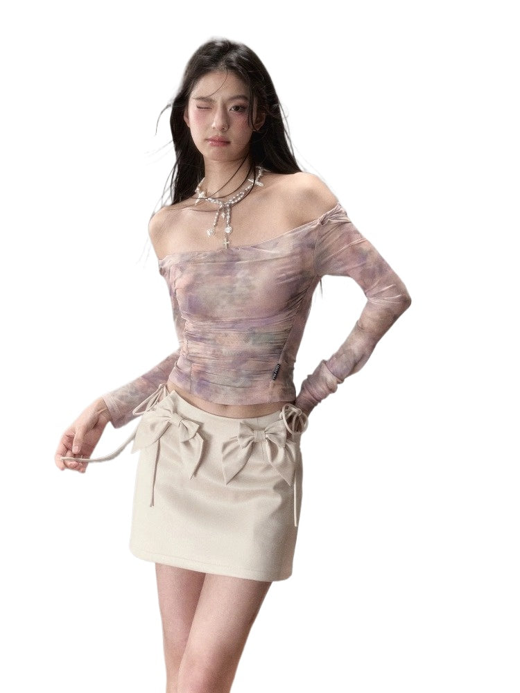 Gradient Off-shoulder Slim Mesh T-shirt