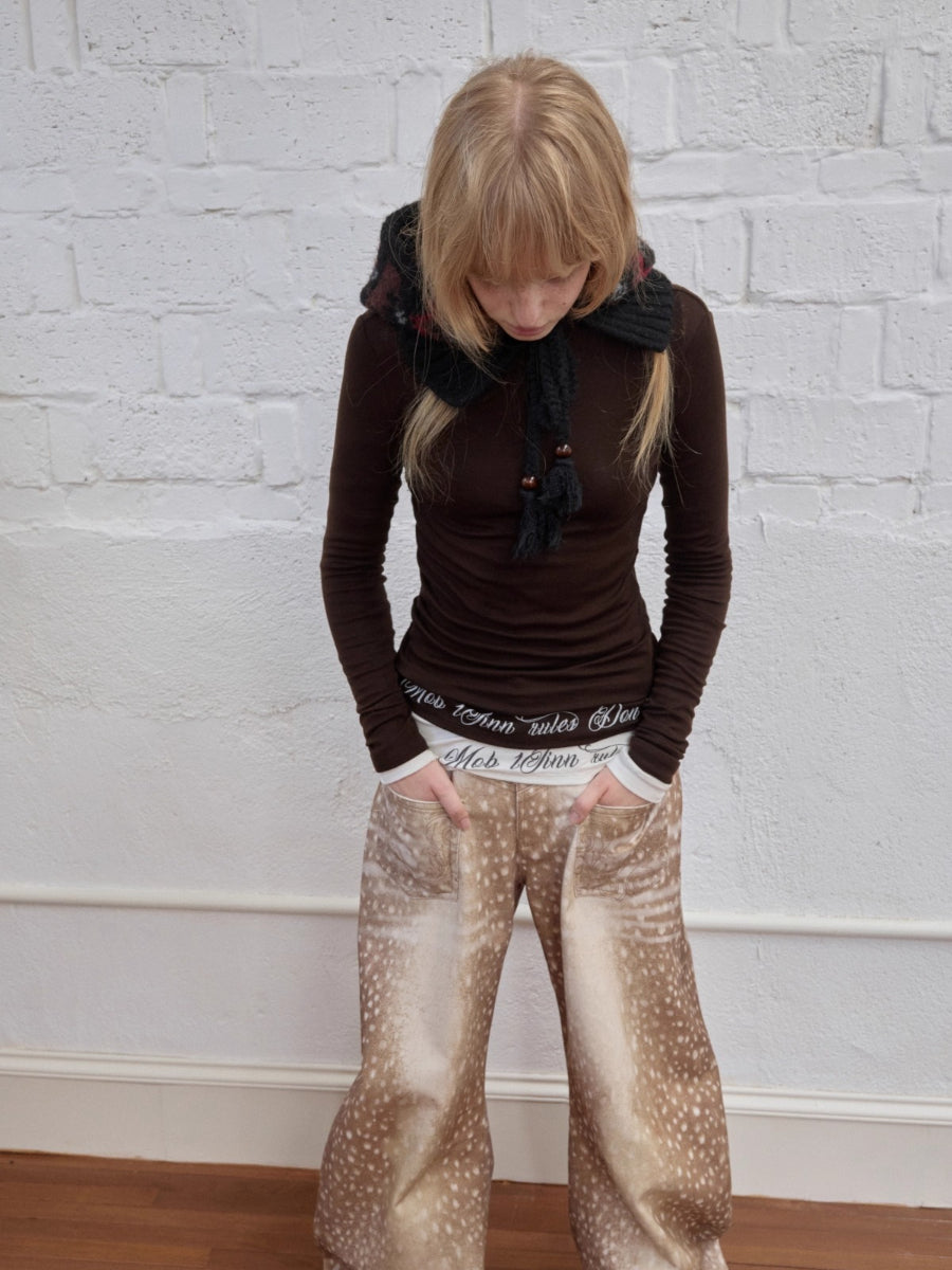 Vintage Deer Print Curved-Leg Canvas Pants