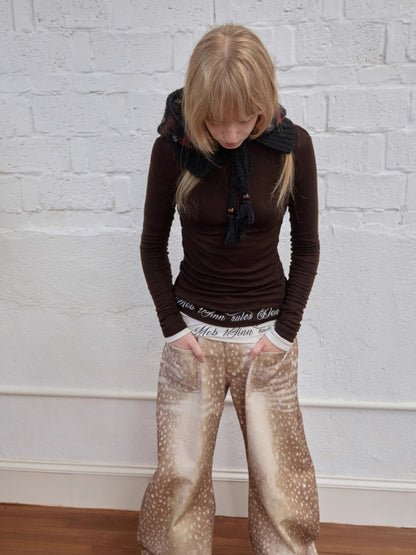 Vintage Deer Print Curved-Leg Canvas Pants