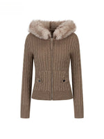 Faux Fur Collar Cable Knit Cardigan