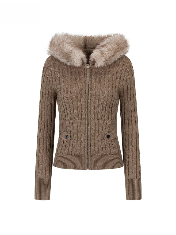 Faux Fur Collar Cable Knit Cardigan