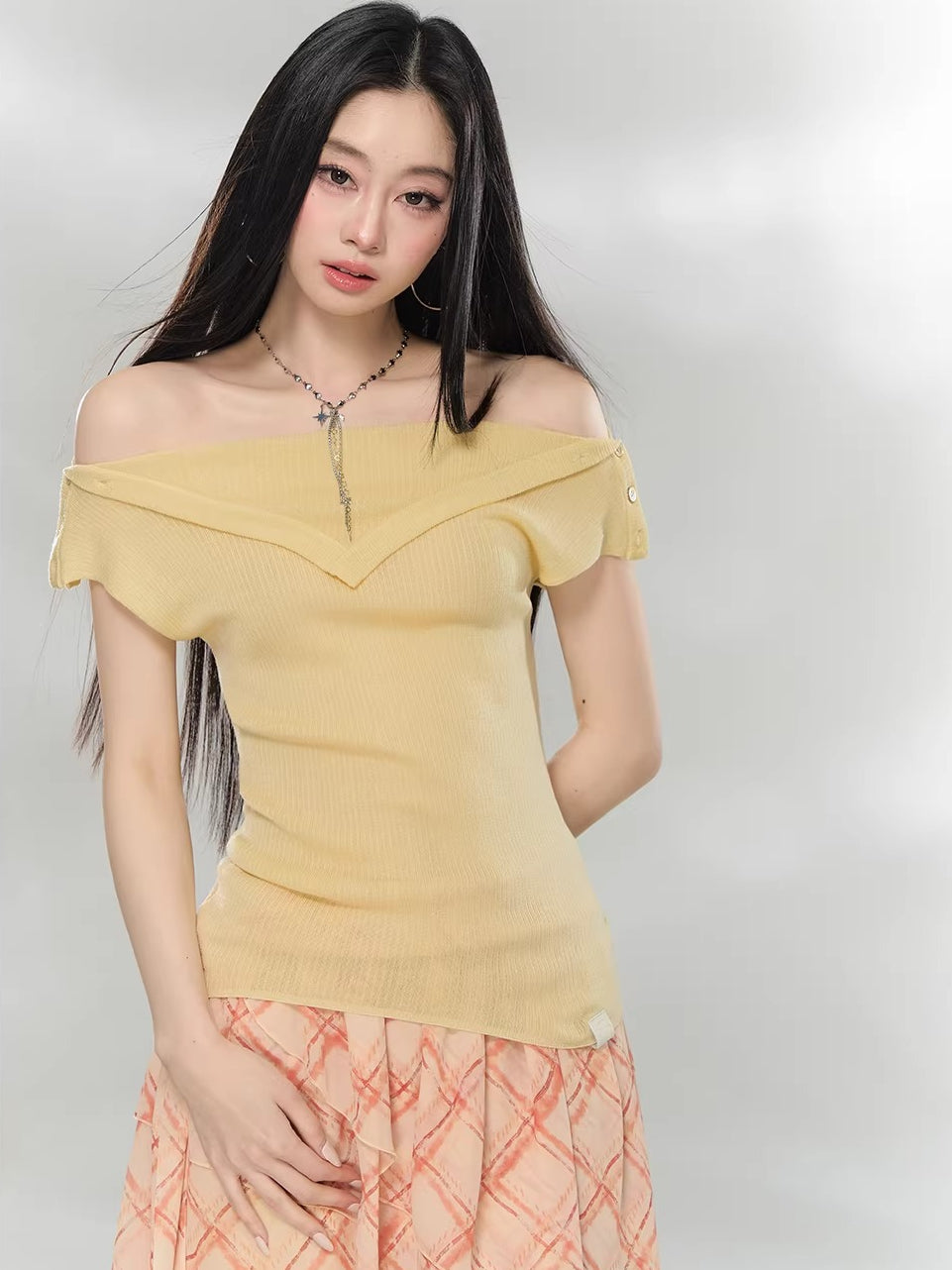 Layered Collar Off-Shoulder Knit Top