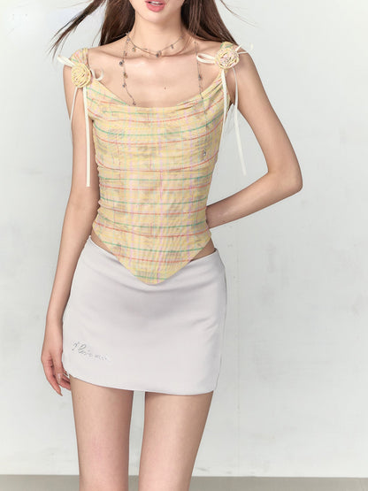 Pink &amp; Yellow Off-Shoulder Mesh Rose Print T-shirt