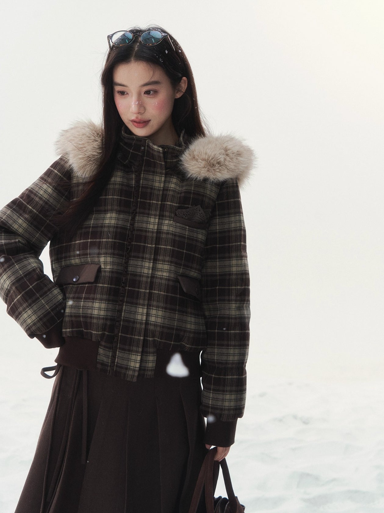 Plaid Floral Faux-Fur Down Jacket