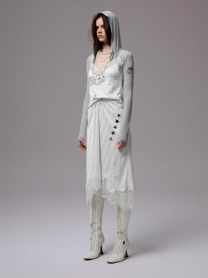 Satin Letter Print Spliced Lace Slip Midi Dress