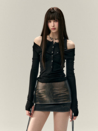 Faux Two-Piece Tie Waist Denim Skirt