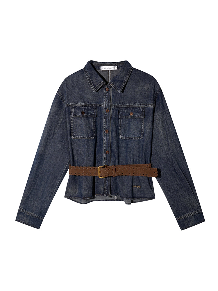 Washed Denim Belted Polo Shirt