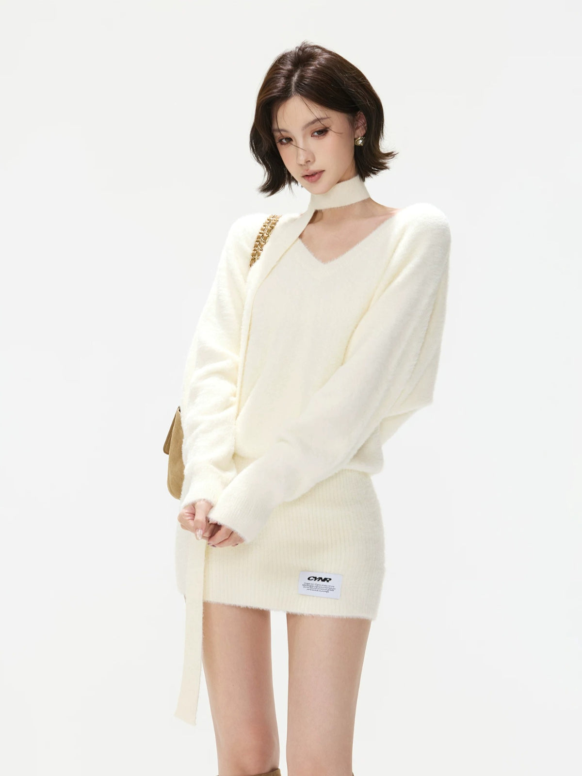 Convertible V Neck Fuzzy Knit Sweater