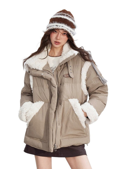 Shearling Patchwork White Down Puffer Jacket