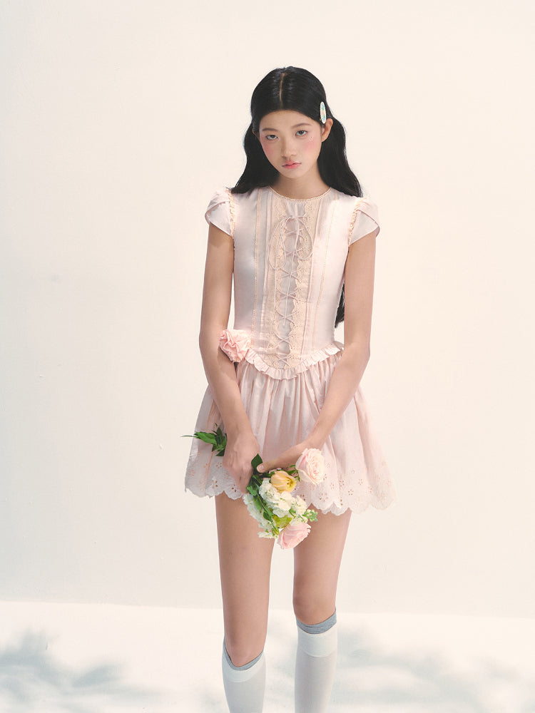Pink Embroidered Waist - cinched Dress