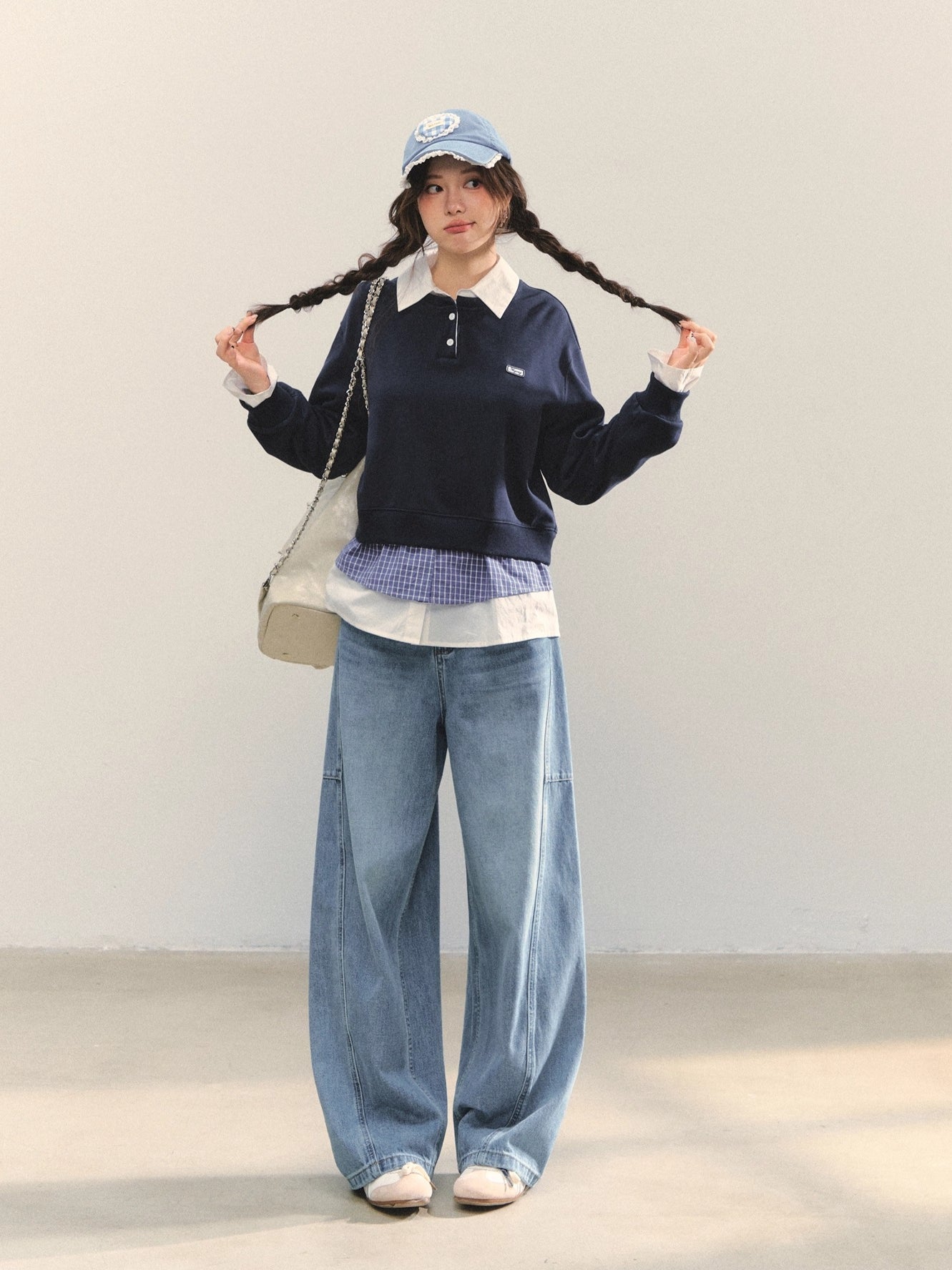 Navy Blue Plaid-Patchwork Polo Sweatshirt