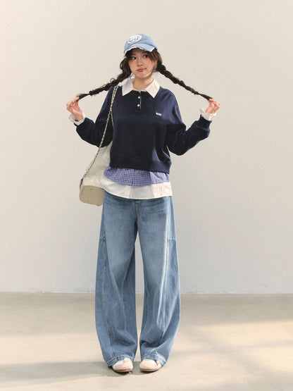 Navy Blue Plaid-Patchwork Polo Sweatshirt