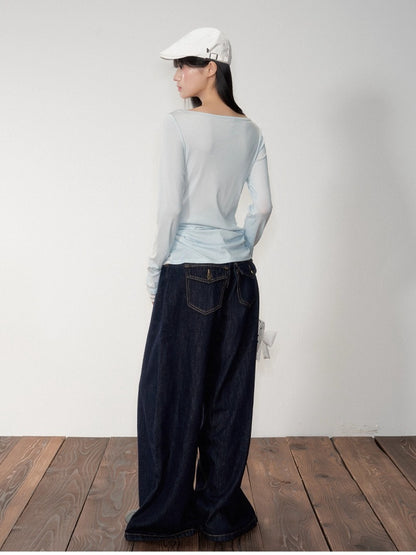 Blue &amp; Gray Printed Draped Long-Sleeve T-shirt