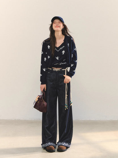 Navy Floral Embroidered Cardigan &amp; Camisole Set