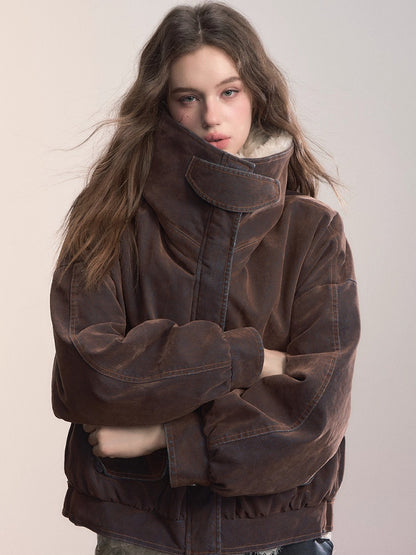 Velvet Denim Oversized Fur Collar Down Jacket