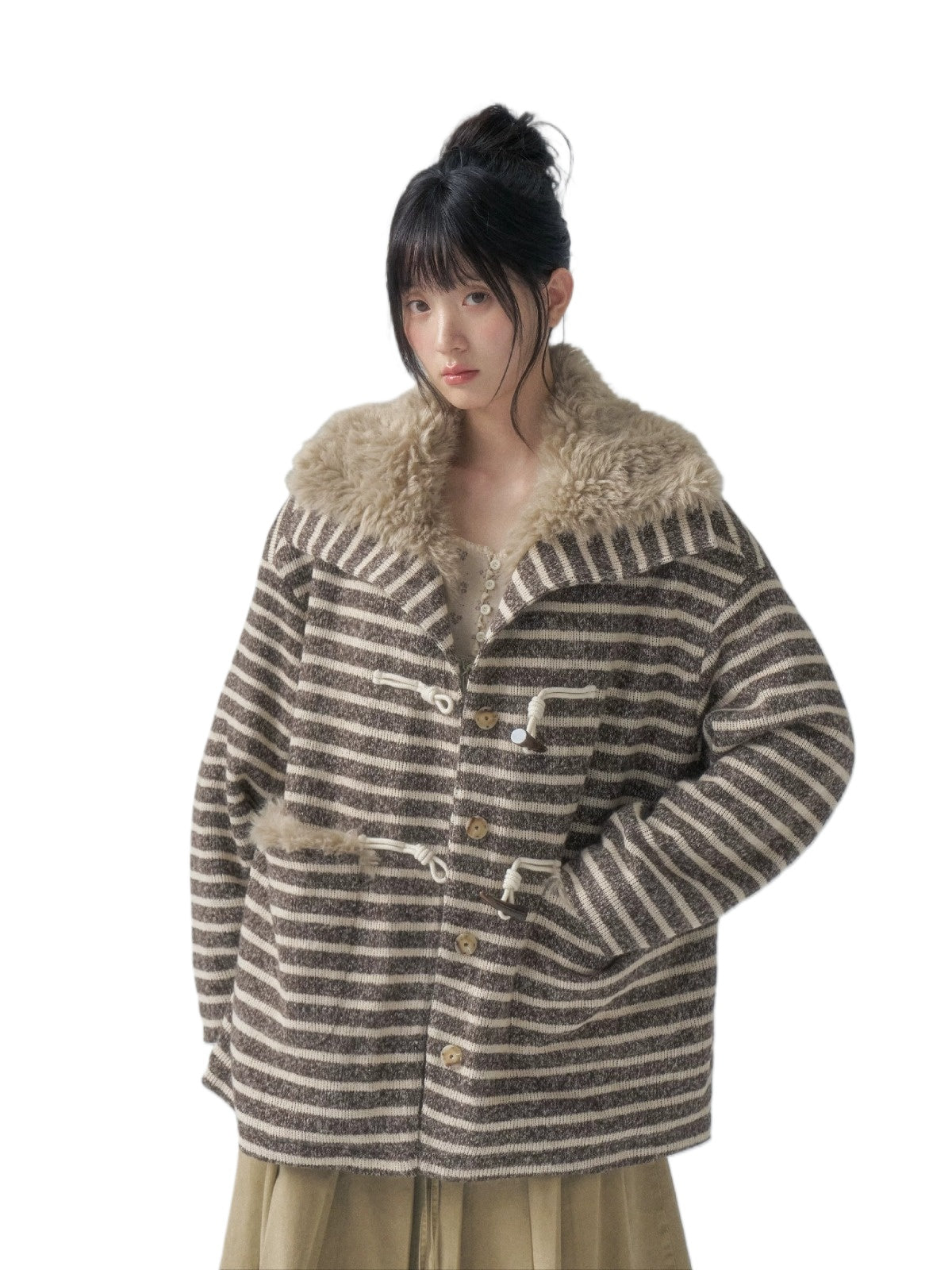 Striped Horn-Button Collar Coat