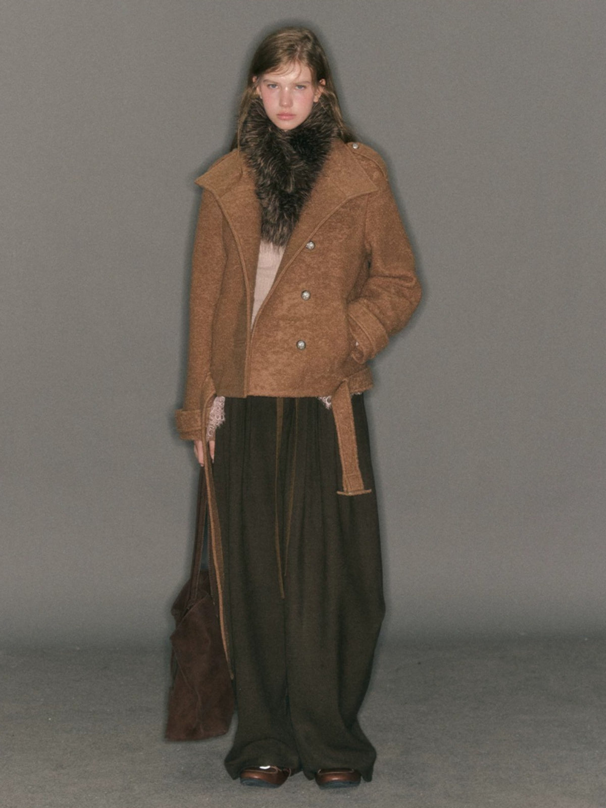 Fur-Collar Belted Wool Bouclé Coat