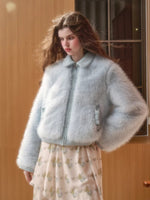 Blue Doll Collar Faux Fur Jacket