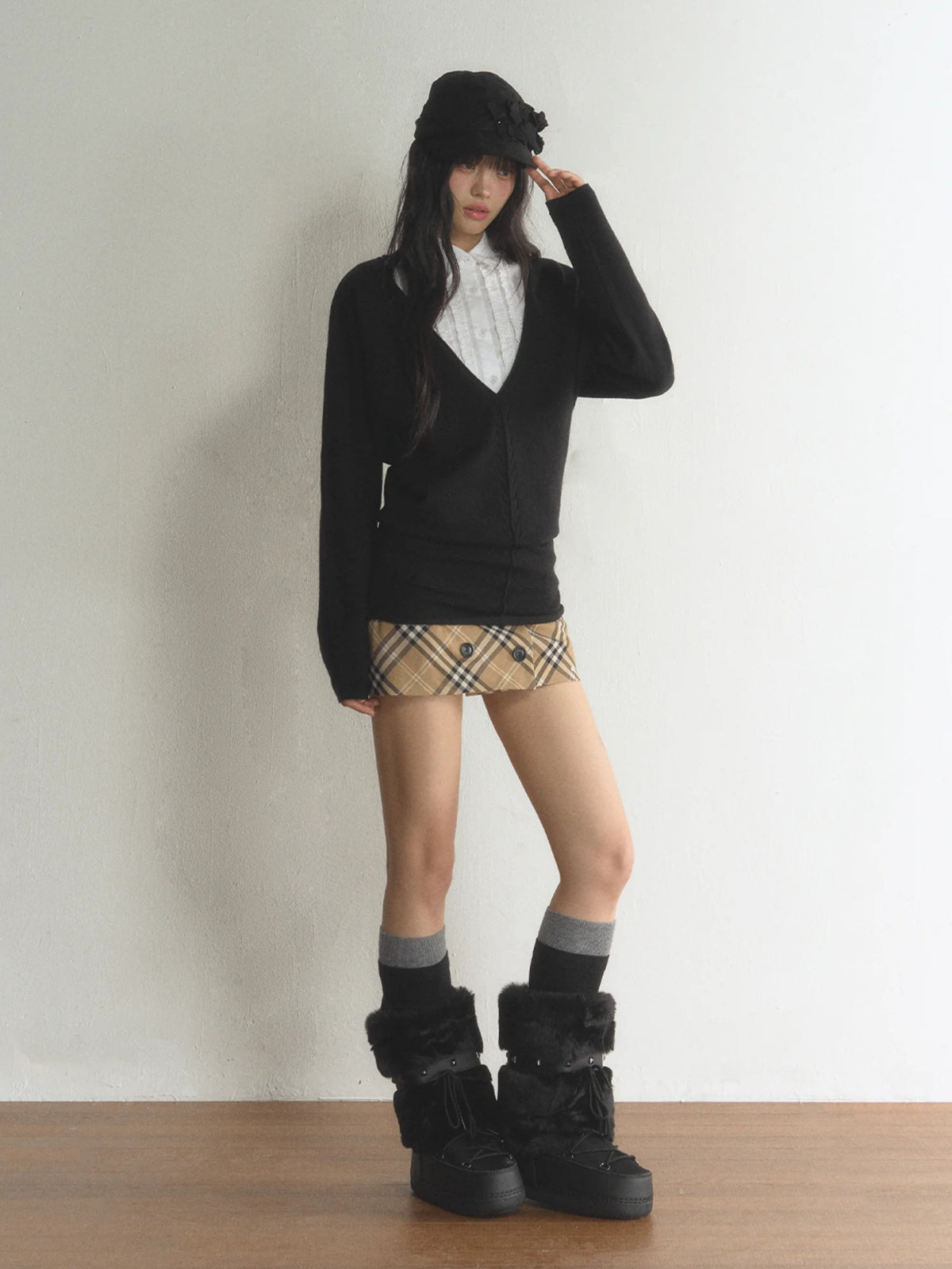 Deep V-Neck Knit Shirt Set