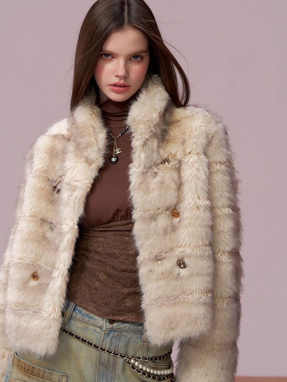 Apricot Double-Breasted Fur Jacket